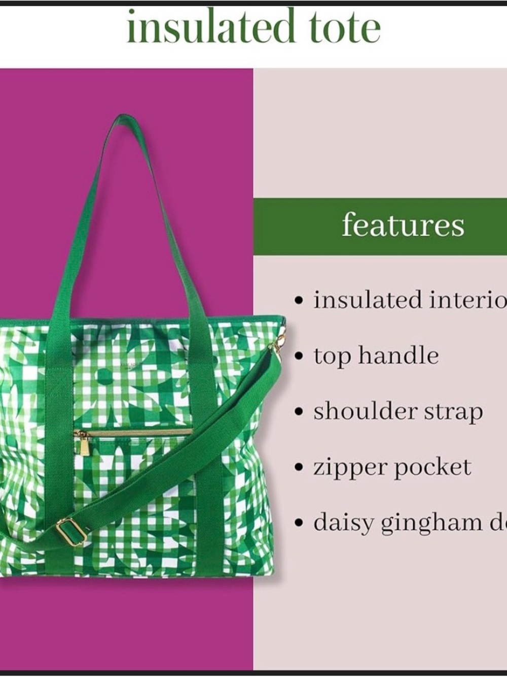 kate spade Green Daisy Gingham Insulated Tote